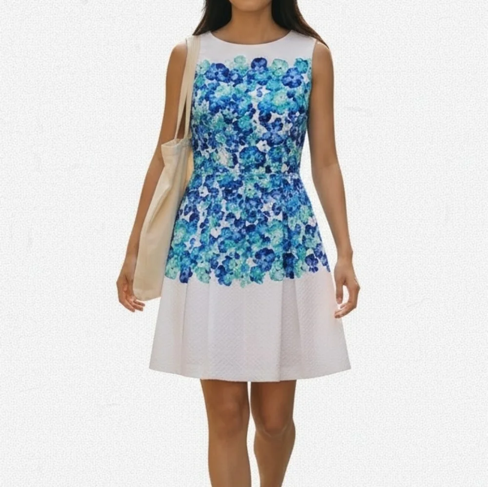 Tahari ASL Dress Size 8P White Blue Floral Sleeveless Box Pleat Pockets Textured - Picture 1 of 10